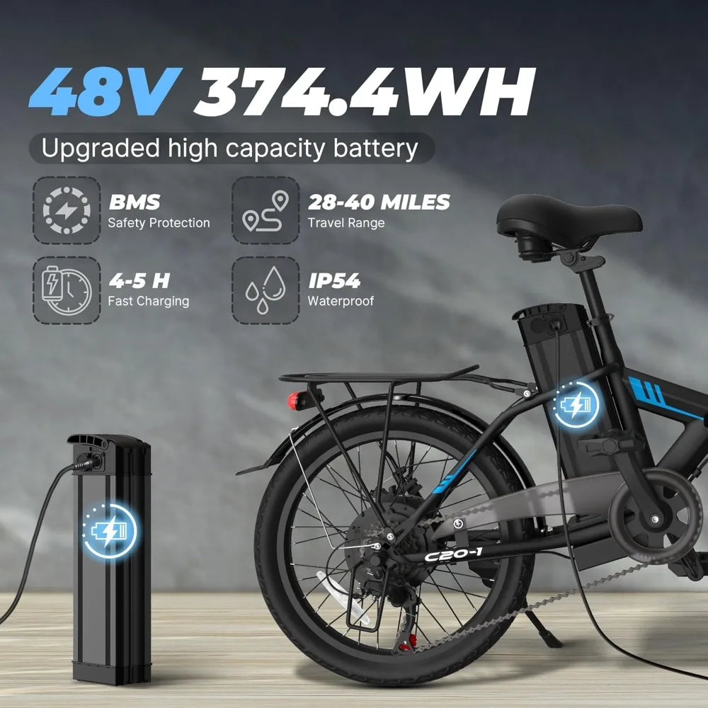 Electric Commuter Bike with 40-Mile Range, 20MPH Speed, 48V Removable Lithium Battery, and Stylish 20" Foldable Design