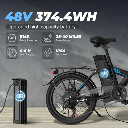 Electric Commuter Bike with 40-Mile Range, 20MPH Speed, 48V Removable Lithium Battery, and Stylish 20" Foldable Design