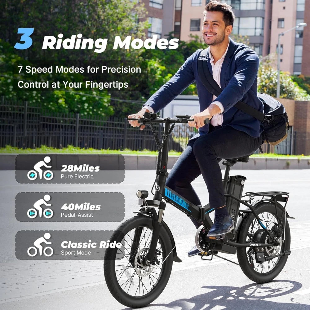 Electric Commuter Bike with 40-Mile Range, 20MPH Speed, 48V Removable Lithium Battery, and Stylish 20" Foldable Design