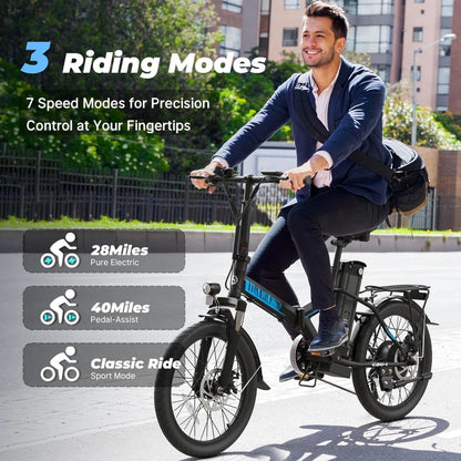 Electric Commuter Bike with 40-Mile Range, 20MPH Speed, 48V Removable Lithium Battery, and Stylish 20" Foldable Design