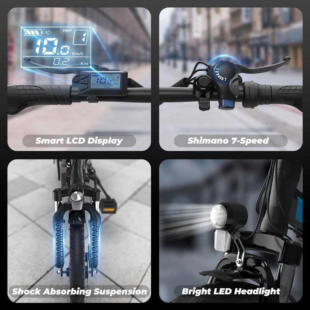 Electric Commuter Bike with 40-Mile Range, 20MPH Speed, 48V Removable Lithium Battery, and Stylish 20" Foldable Design